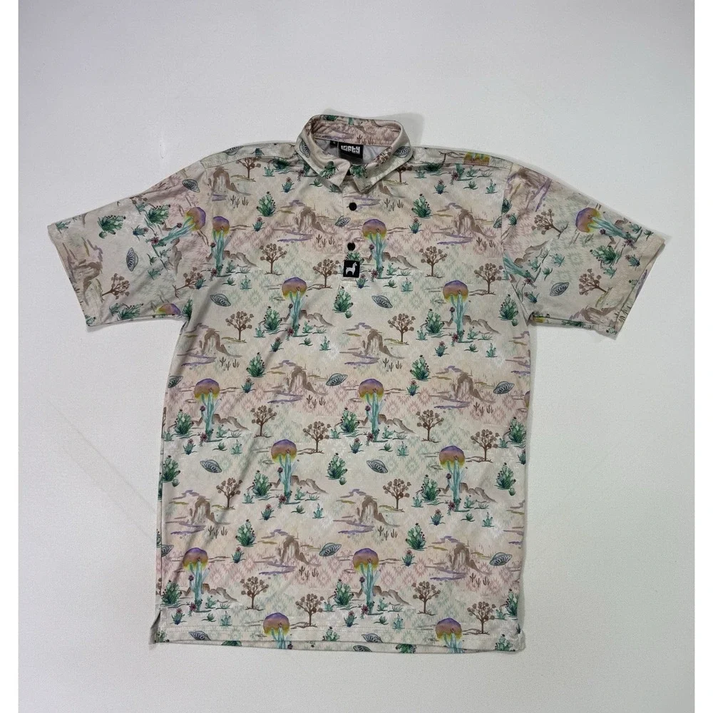 Lofty Llama Mens Small Mushroom Trippy Golf Polo UFO Desert Cactus Alien Shirt